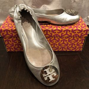 Tory Burch Silver Leather Reva Ballet Flats